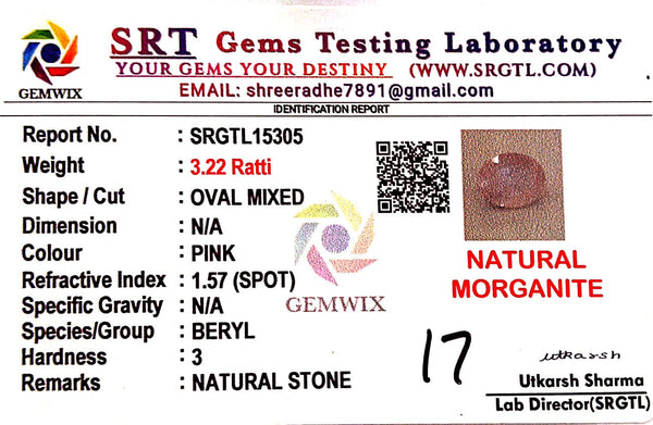 Natural Pink Morganite | Oval | Lab Certified No. SRGTL15305
