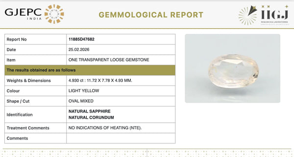 Natural Yellow Sapphire |KB 120H00| Oval Mixed| Transparent | Govt. Lab Certified | Report No. 11885D47682