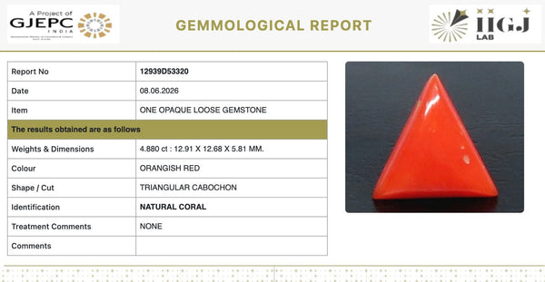 Natural Red Italian Coral |6H50| Triangular Cabochon | Govt. Lab Certified | Report No. 12939D53320