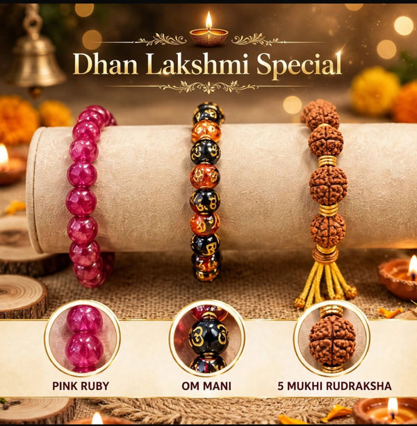 Dhan Lakshmi Combo - Pink Ruby, Om Mani, 5 Mukhi Rudraksha - Tushar Gems