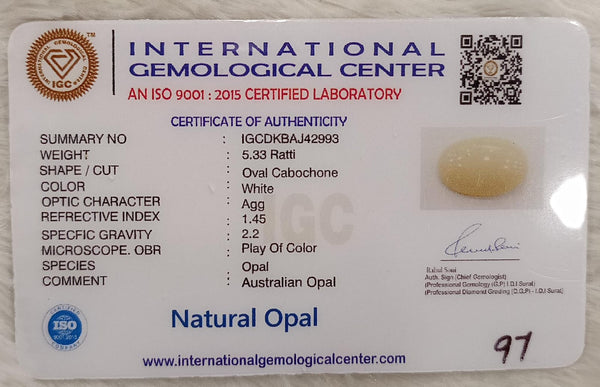 Natural White Opal 5.33 Ratti| Oval Cabochone | Certified No. IGCDKBAJ42993 image 2