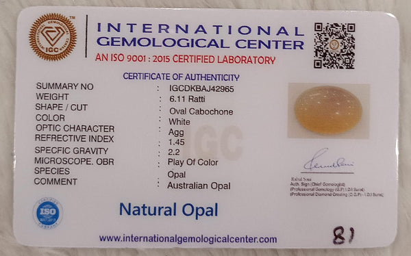 Natural White Opal 6.11 Ratti| Oval Cabochone | Certified No. IGCDKBAJ42965 image 2
