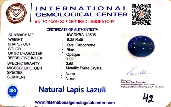 Natural Lapis Lazuli | Oval Cabochon | Rich Blue with Golden Pyrite | Govt. Lab CertifiedCertificate No.: IGCDKBAJ42505 image 2
