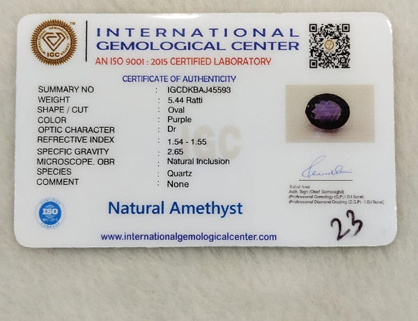 International Gemological Center certificate IGCDKBAJ45593 for Natural Amethyst 5.44 Ratti