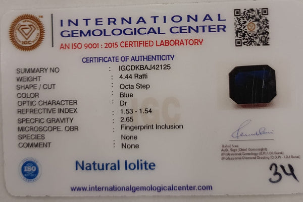 Natural Iolite| Govt. Lab Certified | Octa Step |Blue withCertificate No.: IGCDKBAJ42125 image 2