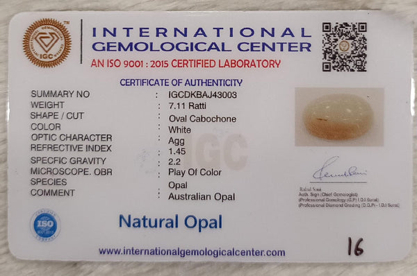 Natural White Opal 7.11 Ratti| Oval Cabochone | Certified No. IGCDKBAJ43003 image 2
