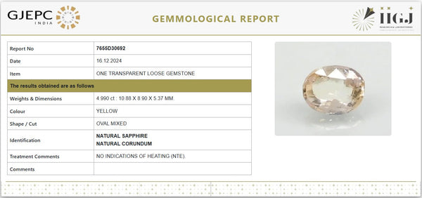 Certified Natural Yellow Sapphire (Pukhraj) – 4.990 Carat / 5.55 Ratti | Untreated | Oval Mixed Cut | GJEPC IIGJ Certified | Report No. 7655D30692 image 1