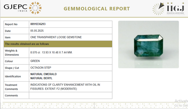 Natural Emerald 9.52 Ratti | Govt. Lab Certified | Octagon Step Cut Report No: 8891D36293 image 1