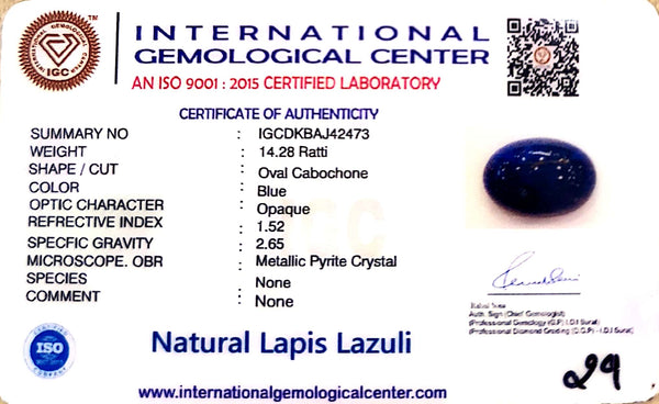 Natural Lapis Lazuli | Oval Cabochon | IGC Certified Certificate No.: IGCDKBAJ42473 image 2