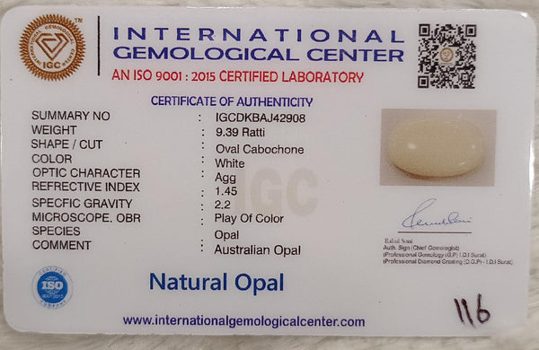 Natural White Opal 9.39 Ratti| Oval Cabochone| Certified No. IGCDKBAJ42908 image 2