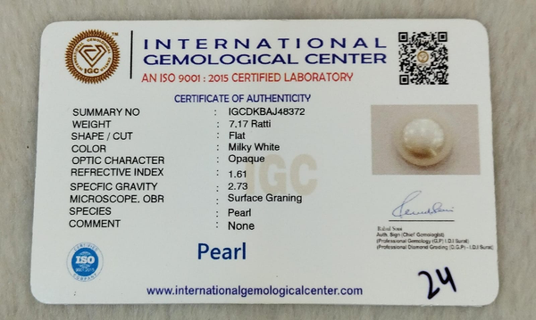 Natural Pearl 7.17 Ratti IGCDKBAJ48372 IGC certificate