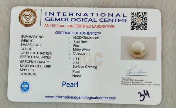 Natural Pearl 7.44 Ratti IGCDKBAJ48382 IGC certificate