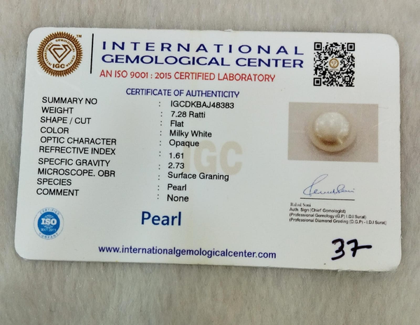 Natural Pearl 7.28 Ratti IGCDKBAJ48383 IGC certificate