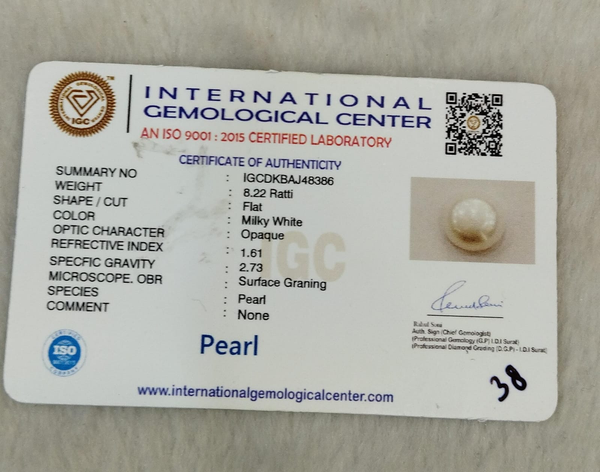 Natural Pearl 8.22 Ratti IGCDKBAJ48386 IGC certificate