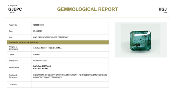 Natural Emerald |40H00| Govt. Lab Certified | Octagon Step Cut | Green Report No. 12938D53303