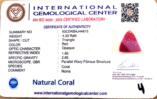 Natural Italian Red Coral | Certified Untreated | Triangle Cut No. IGCDKBAJ44615 image 1