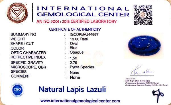 Natural Lapis Lazuli | Oval Cut | Royal Blue | High Pyrite Presence | IGC CertifiedCertificate No.: IGCDKBAJ44667 image 2