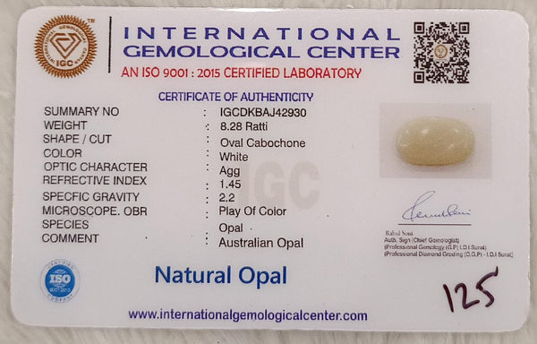 Natural White Opal 8.28Ratti| Oval Cabochone | Certified No. IGCDKBAJ42930 image 2