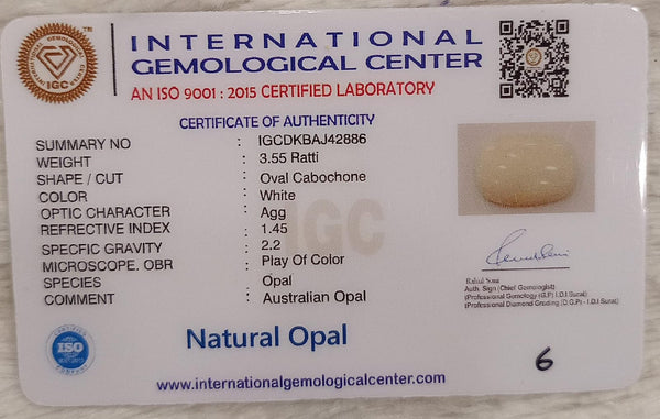 Natural White Opal 3.55Ratti| Oval Cabochone | Certified No. IGCDKBAJ42886 image 2