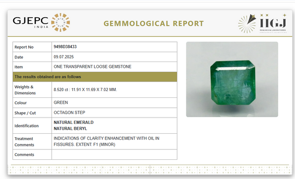 Natural Emerald | Govt. Lab Certified | Octagon StepCut | Green Report No.9498D38433 image 1