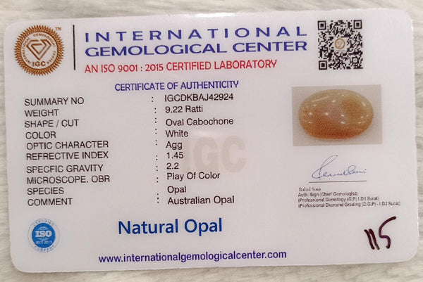 Natural White Opal 9.22 Ratti| Oval Cabochone| Certified No. IGCDKBAJ42924 image 2
