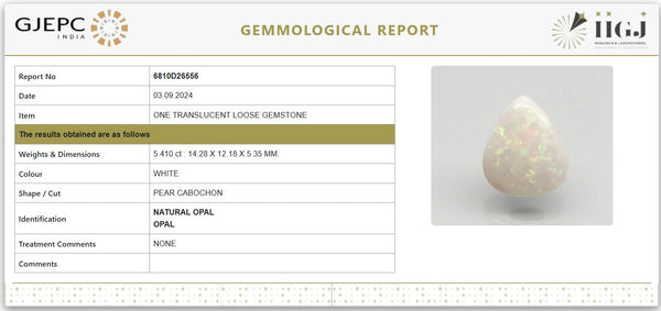 Natural White Opal 6.00 Ratti | Govt. Lab Certified | Untreated Pear Cabochon GemstoneNo.: 6810D26556 image 1