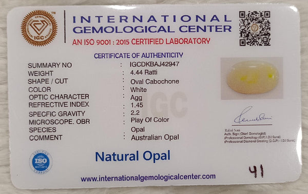 Natural White Opal 4.44 Ratti| Oval Cabochone | Certified No. IGCDKBAJ42947 image 2