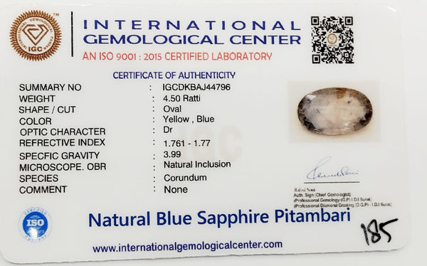 Natural Pitambari Blue Sapphire | IGC Certified | Oval Cut | Yellow & Blue Bi-Color Gem Certification No.: IGCDKBAJ44796 image 1