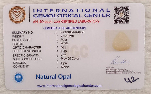 Natural White Opal 7.17 Ratti|Pear| Certified No. IGCDKBAJ44653 image 2