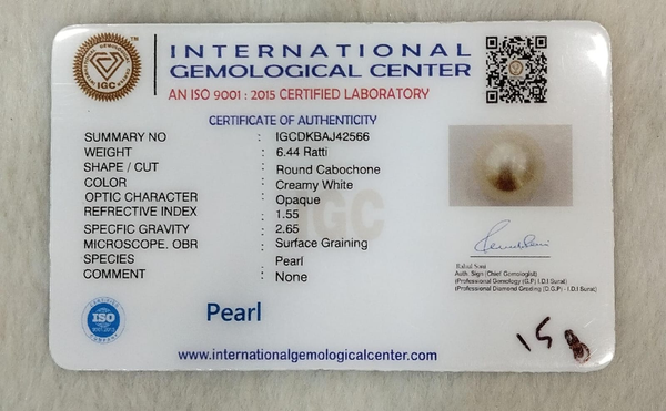 Natural Pearl 6.44 Ratti IGCDKBAJ42566 IGC certificate
