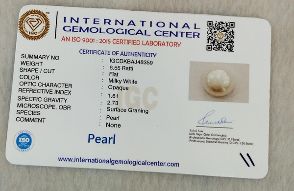 Natural Pearl 6.55 Ratti IGCDKBAJ48359 IGC certificate