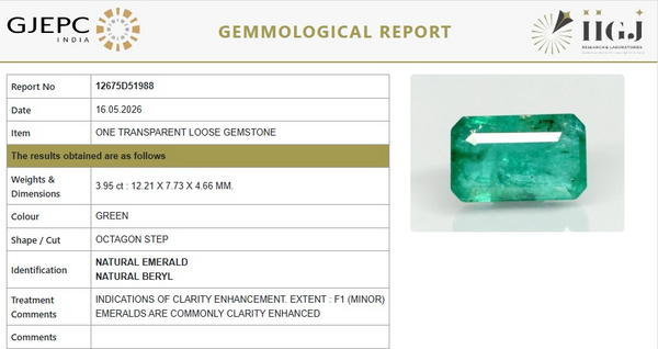 Natural Emerald |25K00| Govt. Lab Certified | OCTAGON STEP | Report No-12675D51988