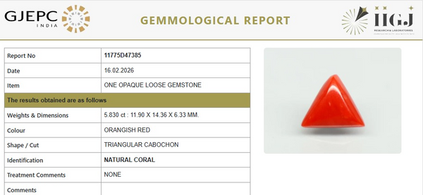 Natural Red Italian Coral |7H50| Triangular Cabochon | Govt. Lab Certified | Report No. 11775D47385