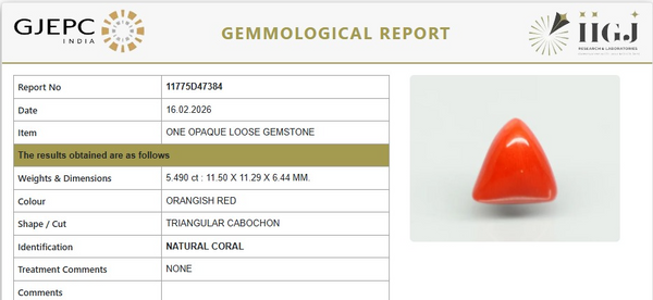 Natural Red Italian Coral |7H50| Triangular Cabochon | Govt. Lab Certified | Report No. 11775D47384