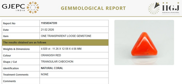 Natural Red Italian Coral |7H50| Triangular Cabochon | Govt. Lab Certified | Report No. 11858D47599