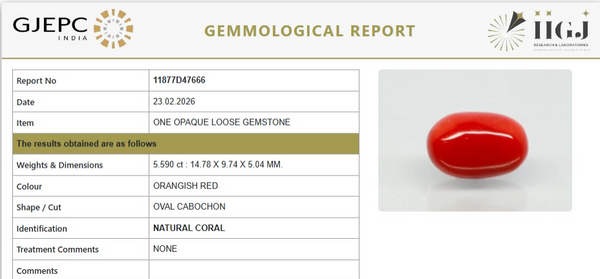 Natural Red Italian Coral |5H50| Oval Cabochon| Govt. Lab Certified | Report No. 11877D47666