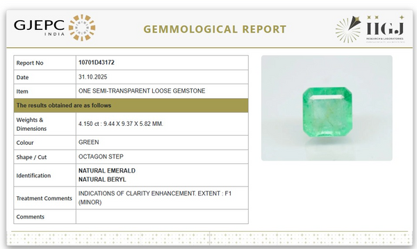 Natural Emerald |45H00| Govt. Lab Certified | Octagon Cut Report No- 10701D43172
