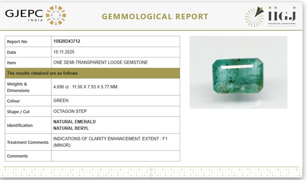 Natural Emerald | 028.0| Govt. Lab Certified | Octagon StepReport No- 10828D43712