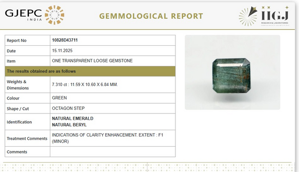 Natural Emerald |38H00| Govt. Lab Certified | Octagon Step Report No- 10828D43711