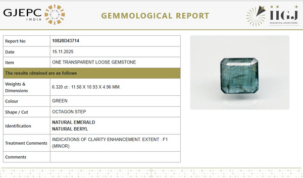 Natural Emerald |45H00| Govt. Lab Certified | Octagon Step Report No- 10828D43714