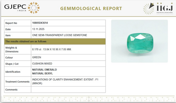 Natural Emerald | Govt. Lab Certified | Cushion Mixed Report No- 10805D43614