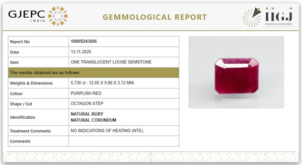 Natural Ruby | Octagon Step | Untreated | Govt. Lab Certified | 10805D43606