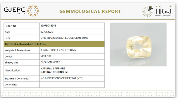 Natural Yellow Sapphire | Cushion Mixed| Transparent | Govt. Lab Certified | Report No. 10979D44348