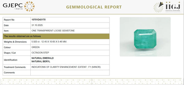 Natural Emerald | Govt. Lab Certified |Octagon StepReport No- 10701D43170