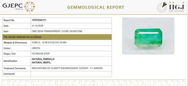 Natural Emerald |22H00| Govt. Lab Certified Octagon Step Report No- 10701D43171