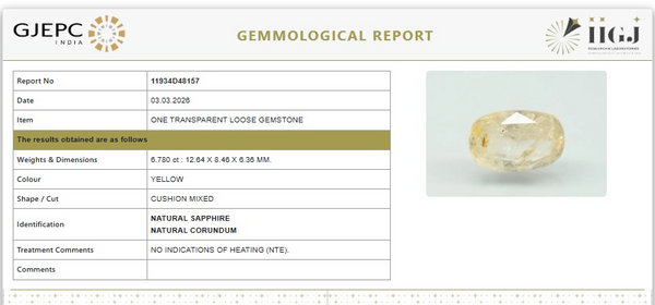 Natural Yellow Sapphire |KB 120H00|Cushion Mixed | Transparent | Govt. Lab Certified | Report No. 11934D48157