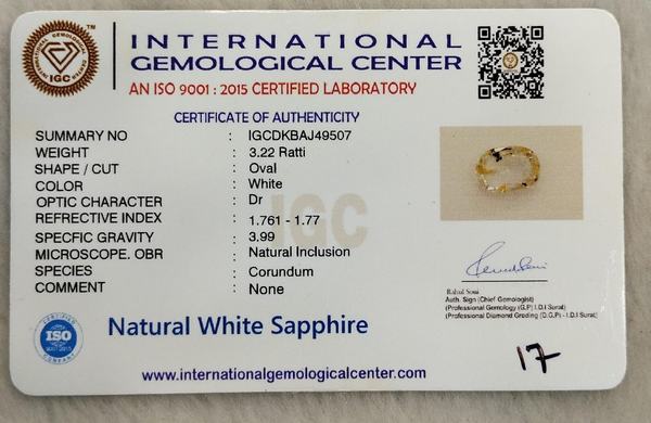 IGC certificate of authenticity IGCDKBAJ49507 - Natural White Sapphire 3.22 Ratti