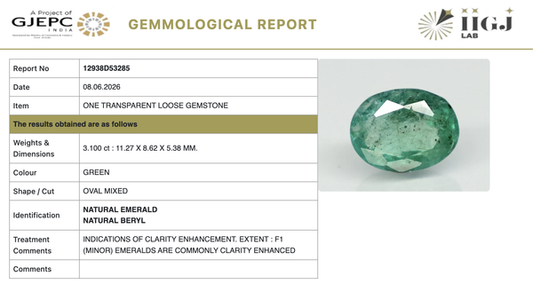 IIGJ certificate 12938D53285 for natural Emerald from Tushar Gems