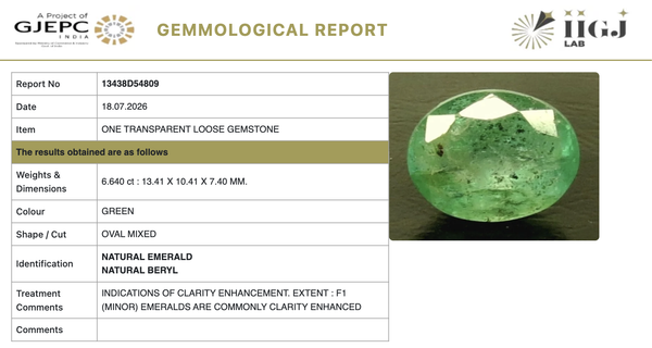 IIGJ certificate 13438D54809 for natural Emerald from Tushar Gems