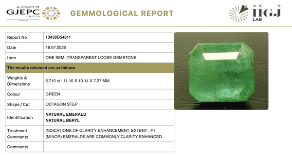 IIGJ certificate 13438D54811 for natural Emerald from Tushar Gems